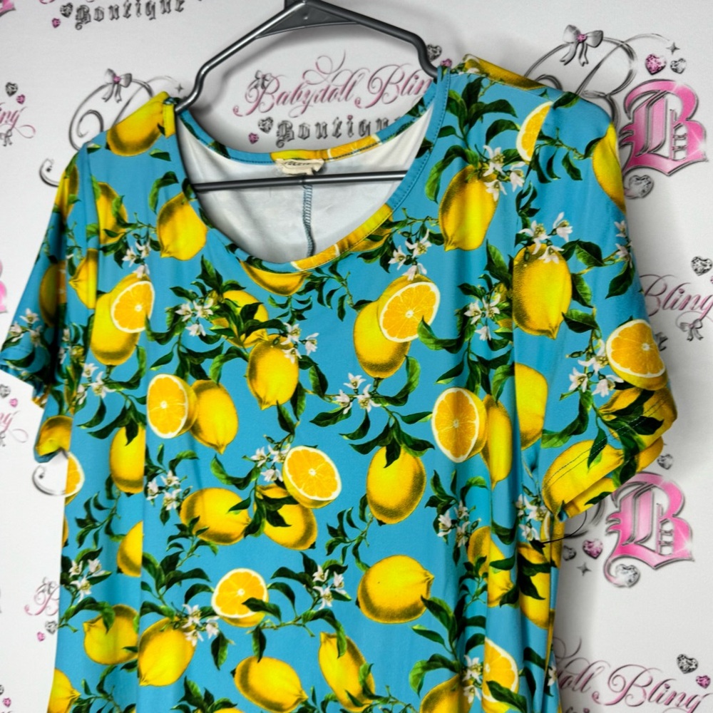 Yelete dress Lemon Print Blue yellow pockets on sides Tshirt style - Picture 7 of 11
